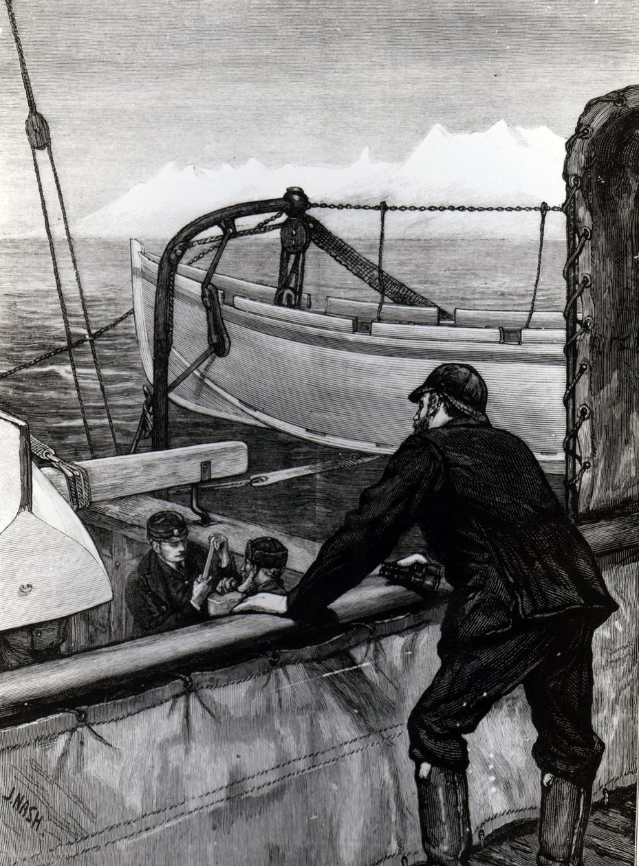 The Arctic Expedition - The &39;Alert&39; بالقرب من Holsteinborg ، جرينلاند: Sternpost Cutter of Iceboat on Skids ، نُشر في "The Graphic" ، منقوش بواسطة J.Nash ، 1875 بواسطة إدوارد لوتون موس
