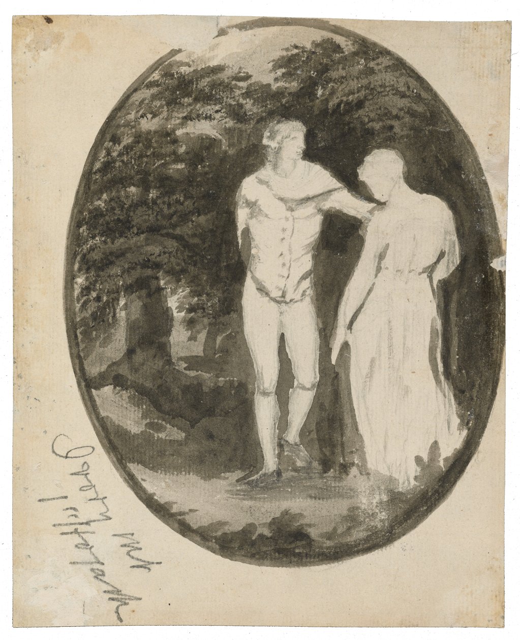 زوجان في منظر طبيعي مشجر في شكل بيضاوي (ظهر) ، ج. 1838-1848 (حبر وغسل على ورق مضغوط) بواسطة إدوارد لير