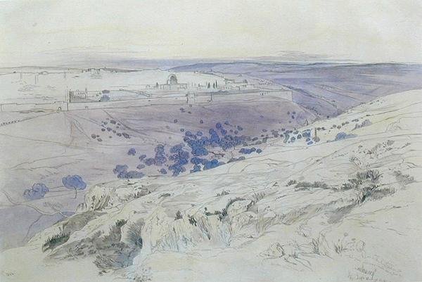 القدس ، ٢٤-٢٨ نيسان (أبريل) ١٨٥٨ (قلم حبر ، حبر وألوان مائية على ورق) بواسطة إدوارد لير