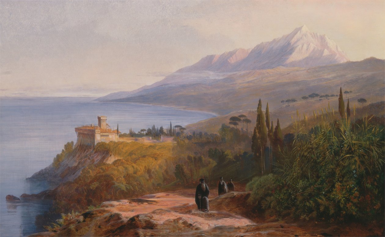 جبل آثوس ودير ستافرونيكيت ، 1857. بواسطة إدوارد لير