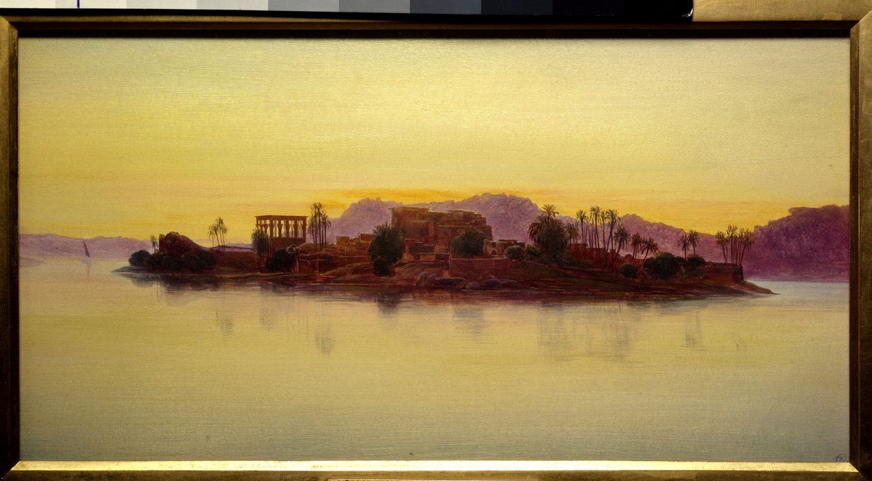 غروب الشمس على جزيرة فيلة في مصر لوحة لإدوارد لير (1812-1888) (ec.angl.) 1861 صن. 0،23 × 0،43 م شانتيلي ، متحف كوندي بواسطة إدوارد لير