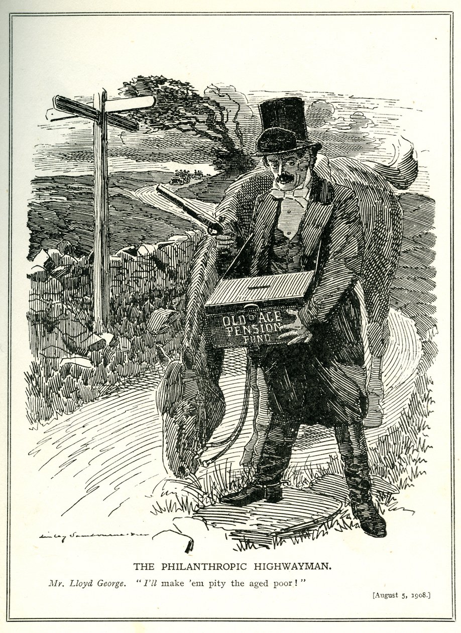"The Highwayananropropic Highwayman" ، لويد جورج مع صندوق معاشات الشيخوخة ، رسوم متحركة من مجلة "Punch" ، 5 أغسطس 1908 بواسطة إدوارد لينلي سامبورن