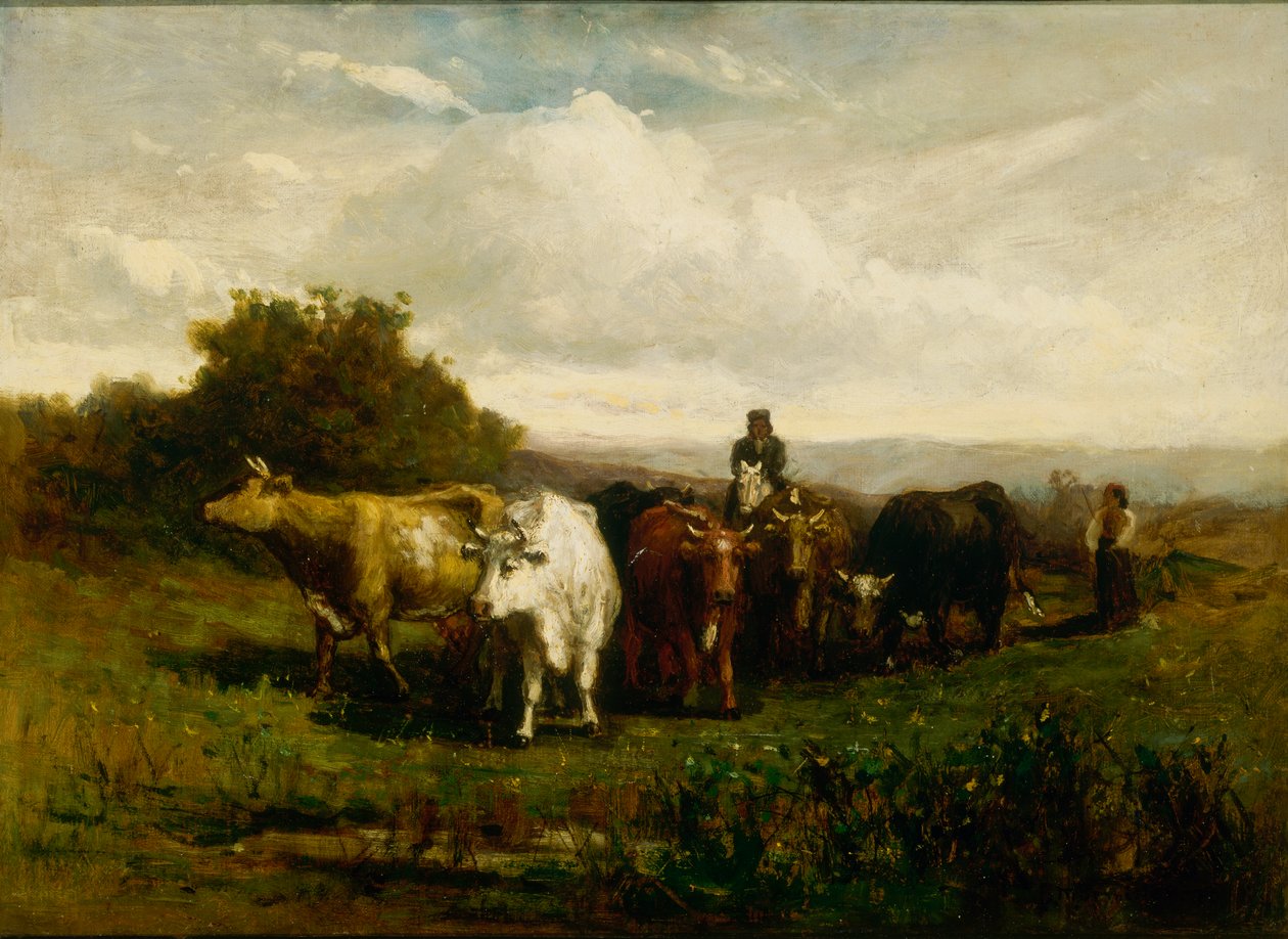رجل بلا عنوان على ظهور الخيل ، وامرأة تمشي على الأقدام وتقود الماشية ، 1880. بواسطة إدوارد ميتشل بانيستر