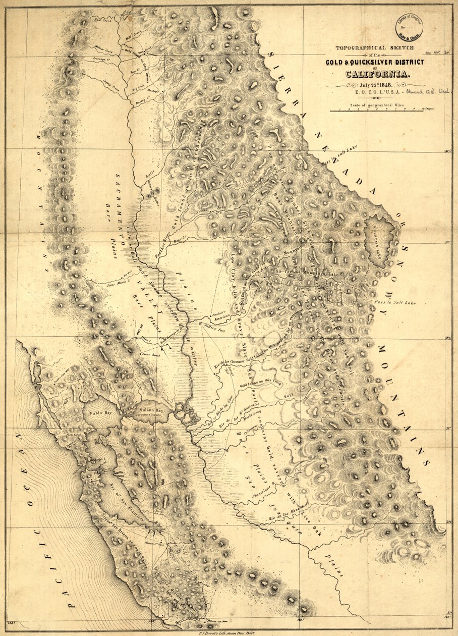 رسم طوبوغرافي لمنطقة الذهب والذهب السريع في كاليفورنيا ، 1848 بواسطة إدوارد أوثو كريساب أورد