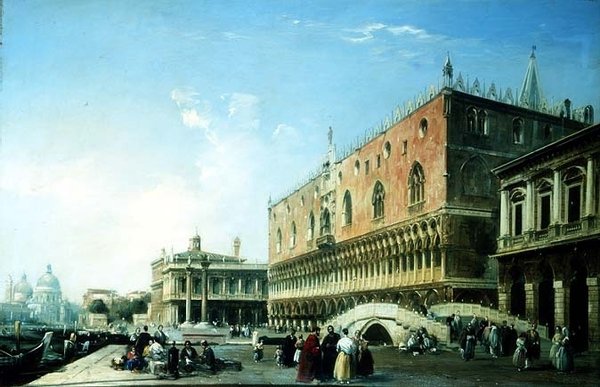 Piazzetta ، البندقية ، مع العديد من الشخصيات بجانب قصر دوجي (زيت على قماش) بواسطة إدوارد بريتشيت
