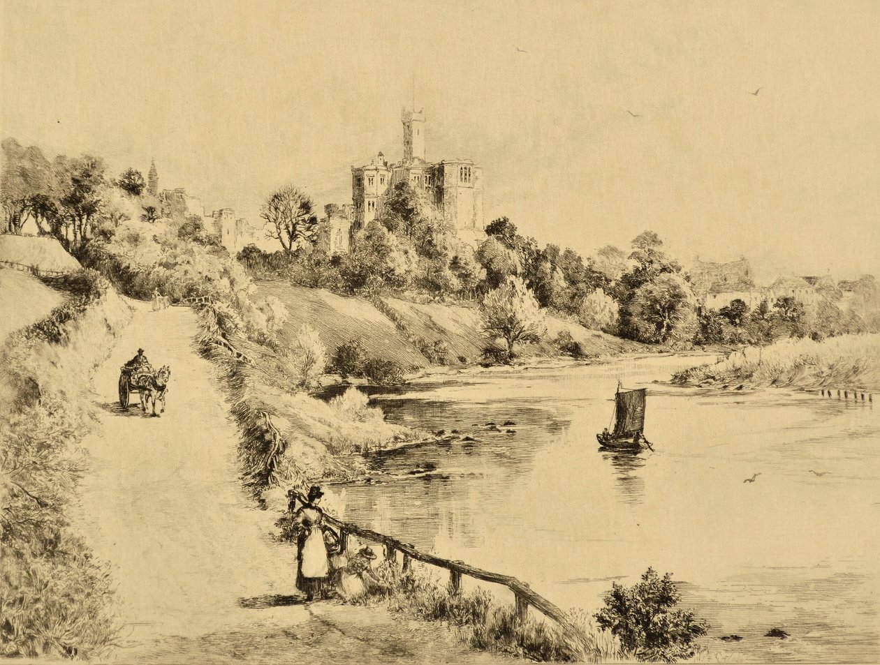 The Coquet: قلعة Warkworth من الطريق إلى Amble ، حوالي 1880 (حفر) بواسطة إدوارد سلومب