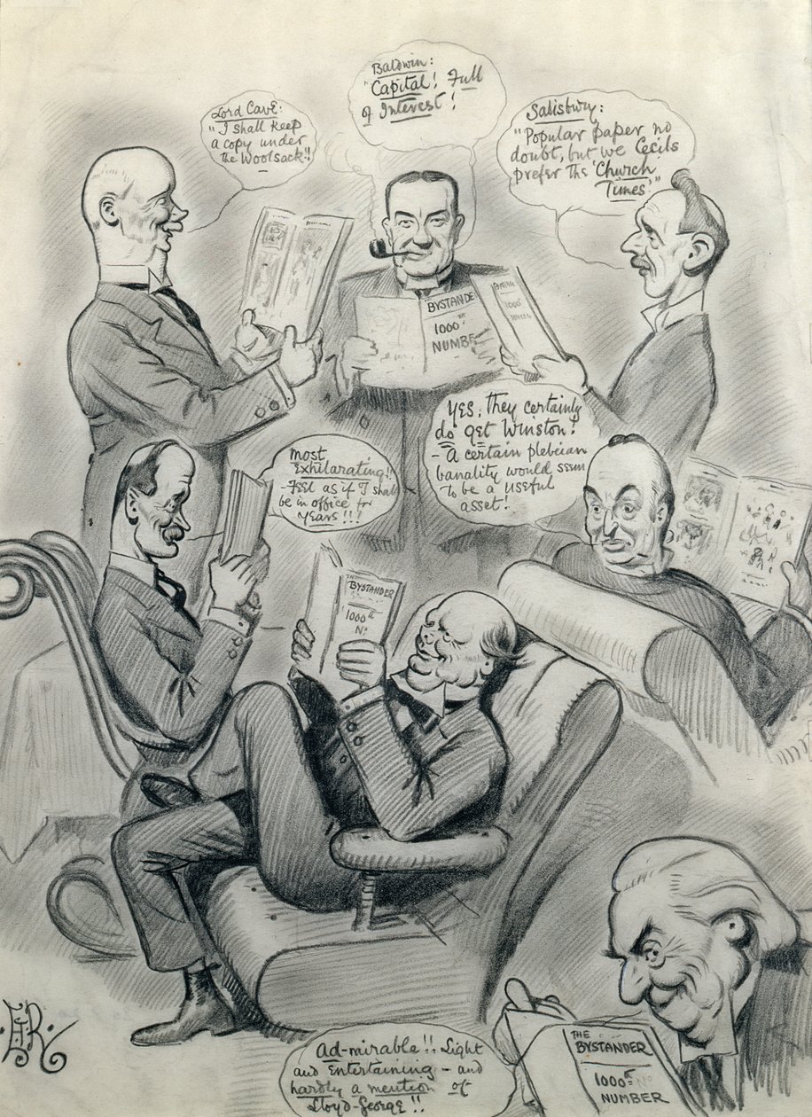 رقم 1000 من Bystander ، يضم اللورد كيف (1856-1928) ستانلي بالدوين (1867-1947) اللورد ساليسبري (1861-1947) هربرت أسكويث (1852-1928) وونستون تشرشل (1874-1965) بواسطة إدوارد تينيسون ريد