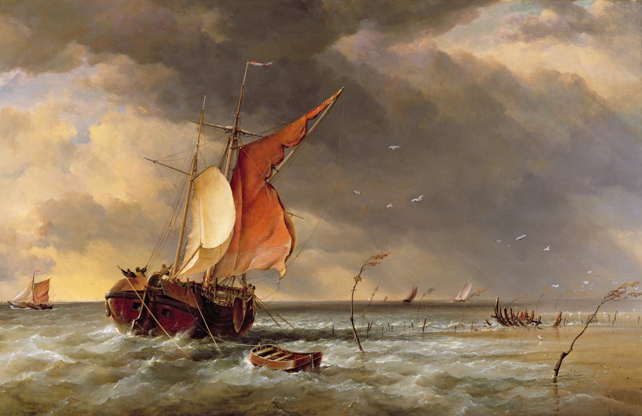 غاليوت هولندي يغرق على ضفة رملية على Bies Bosch ، هولندا ، 1878 بواسطة إدوارد ويليام كوك