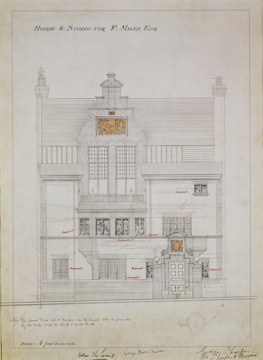 رسم عمل لـ House and Studio for F.Miles Esq ، Tite Street ، Chelsea ، 1878-79 (مرحاض وقلم رصاص على ورق) (انظر أيضًا 176481 ، 176483-485) بواسطة إدوارد ويليام جودوين