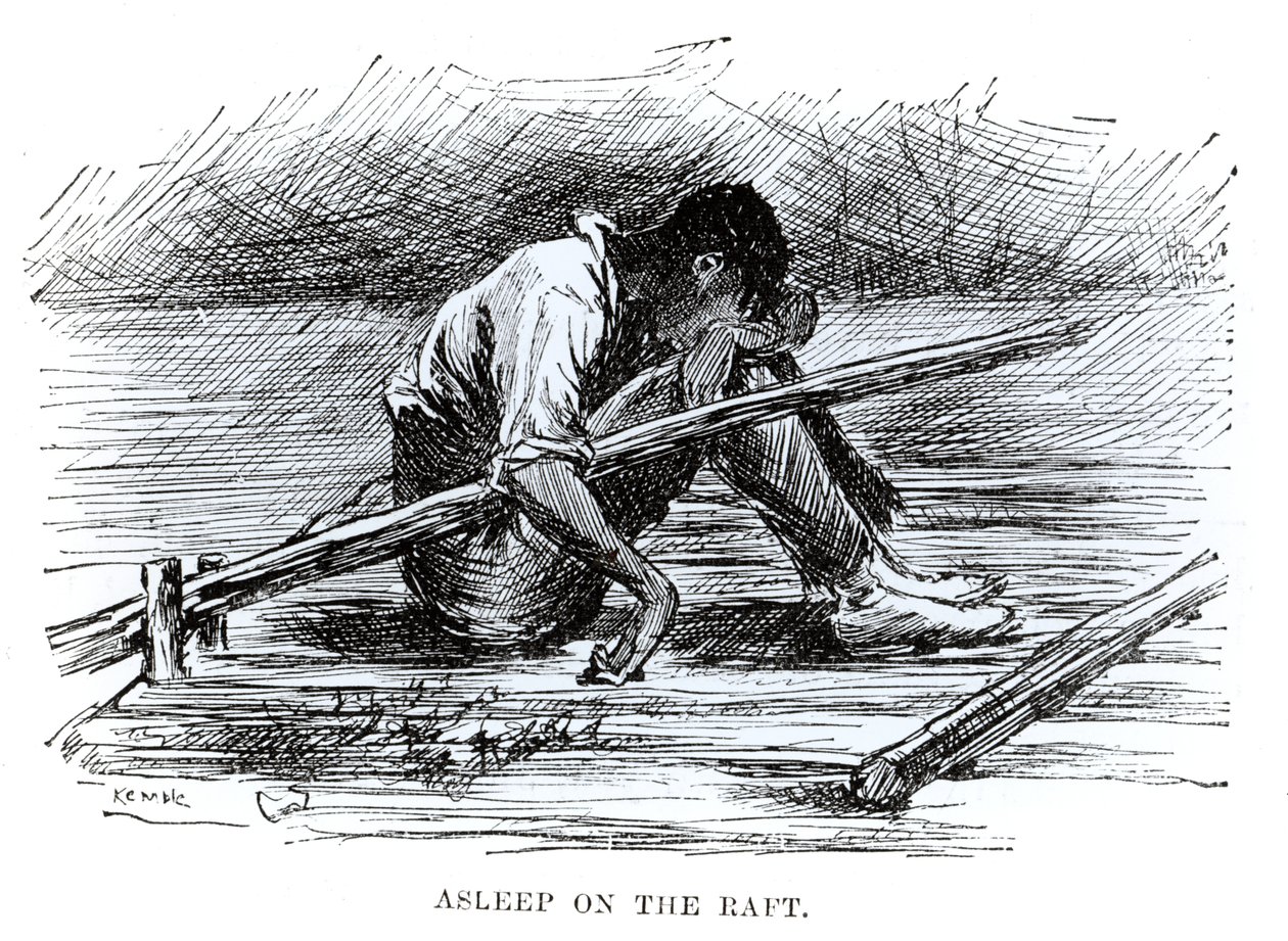 نائم على الطوافة ، رسم توضيحي من "مغامرات Huckleberry Finn" لمارك توين (1835-1910) 1884 (نقش) (صورة بالأبيض والأسود) بواسطة إدوارد وندسور كيمبل