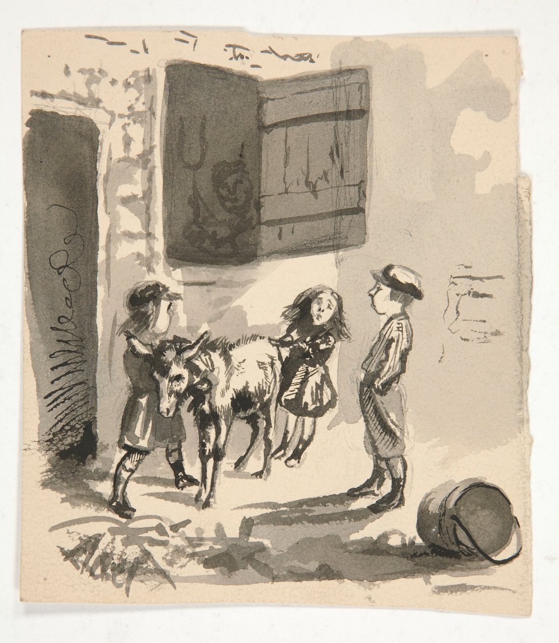 أطفال مع حمار (وجه الوجه) ؛ رسم توضيحي غير معروف لطاحونة الأعضاء (ظهر) بواسطة إدوين أوستن أبي