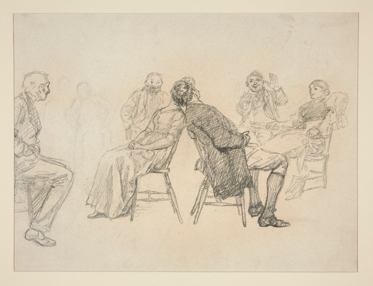 رسم تخطيطي لزوجين يلعبان لعبة ، محاطان بالمشاهدين ، في مكان داخلي (؟) - رسم توضيحي غير معروف بواسطة إدوين أوستن أبي