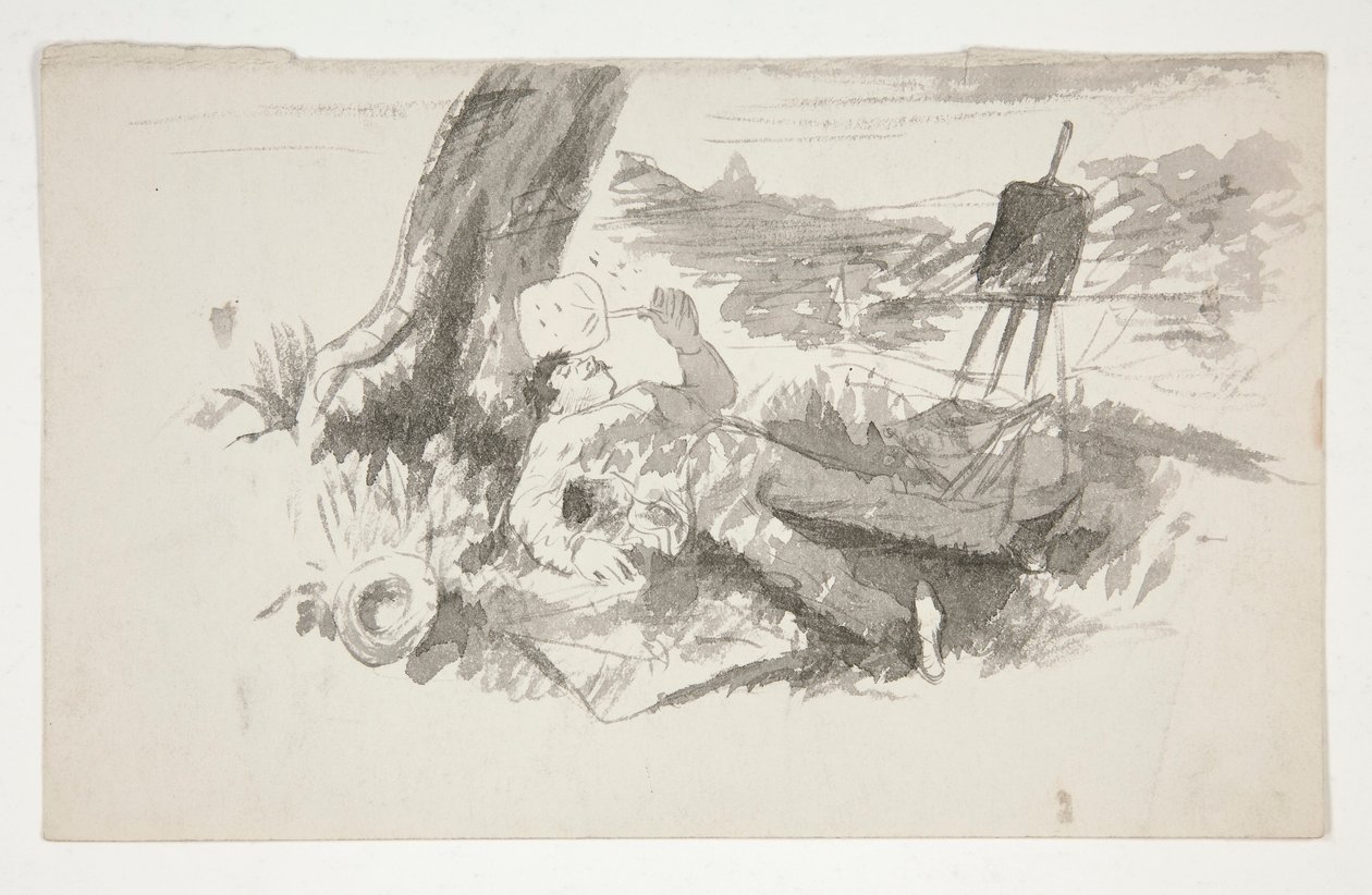 رسم تخطيطي لرسام من طراز plein-air يأخذ غفوة تحت شجرة - رسم غير معروف بواسطة إدوين أوستن أبي