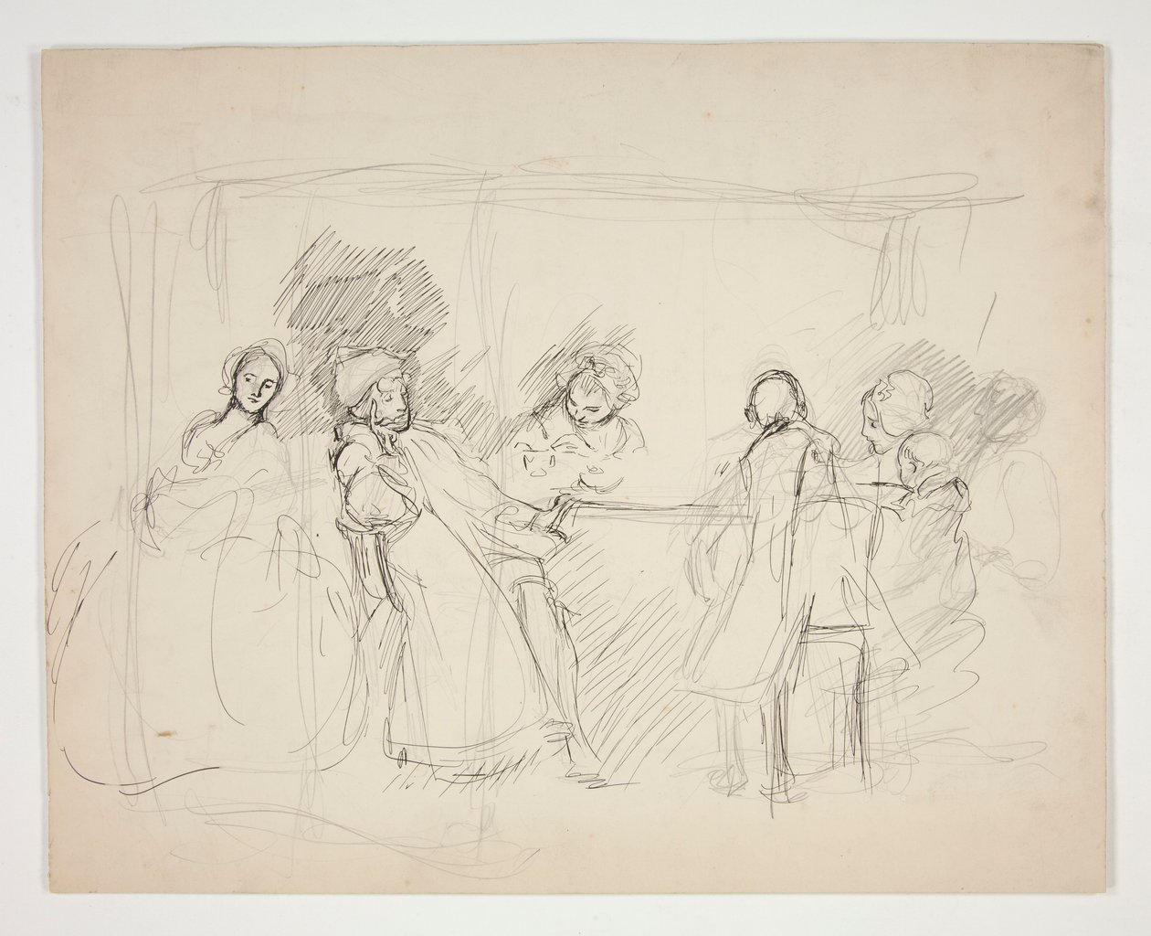 رسم تخطيطي لأشكال حول طاولة - رسم توضيحي غير معروف لمسرحية (؟) بواسطة إدوين أوستن أبي