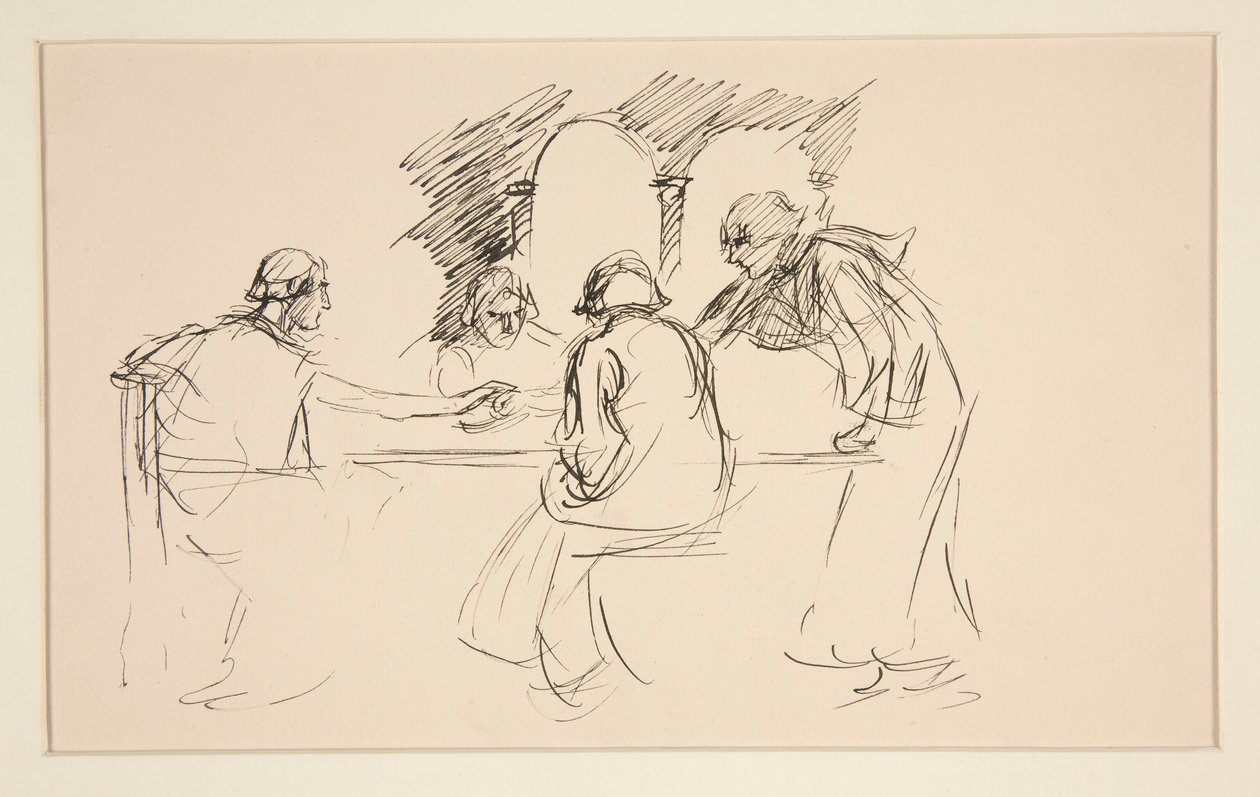 رسم تخطيطي لأربعة رجال يرتدون ملابس من العصور الوسطى على طاولة - رسم غير معروف ، ربما لـ بواسطة إدوين أوستن أبي