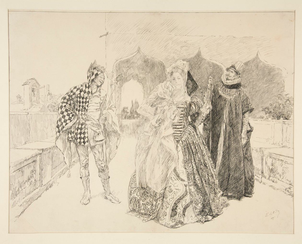 المهرج ومالفوليو ، رسم توضيحي للفصل الأول ، المشهد الخامس ، الليلة الثانية عشرة بواسطة إدوين أوستن أبي