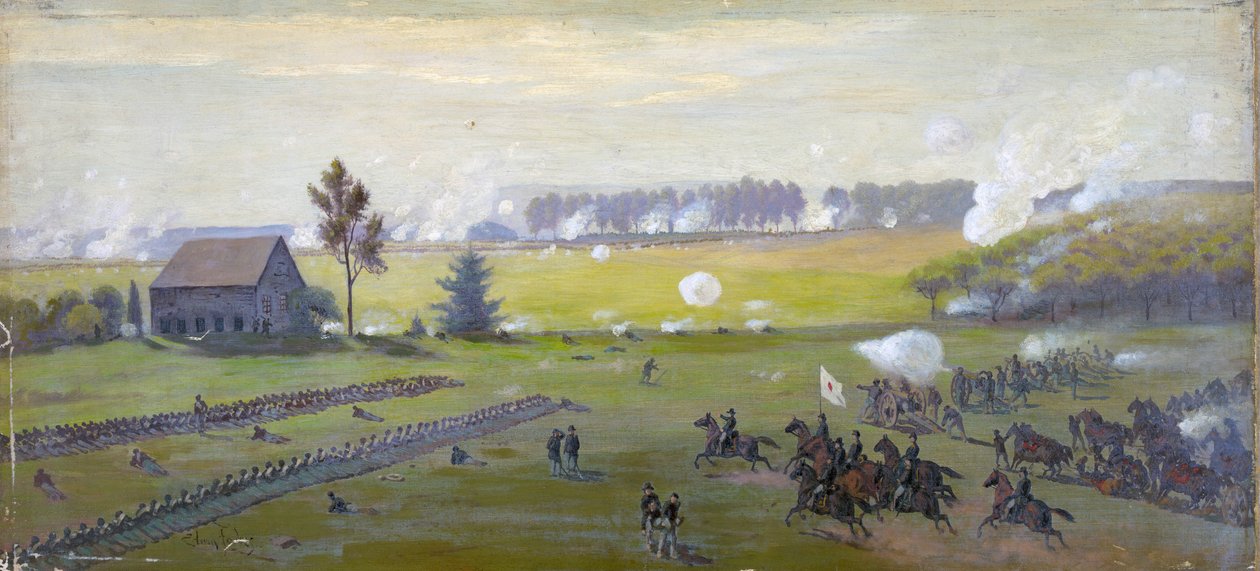 الحرب الأهلية الأمريكية 1861-1865: معركة جيتيسبيرغ 1-3 يوليو 1863 والتي أنهت غزو لي للشمال. أكبر عدد من الضحايا الأمريكيين من أي وقت مضى في الحرب. زيت بواسطة إدوين أوستن فوربس