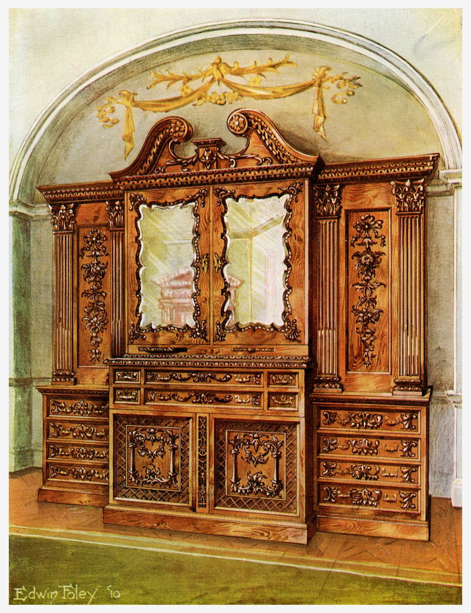 خزانة كتب الماهوجني المنحوتة ، أسلوب Chippendale ، التأثير الفرنسي ، 1911-1912. بواسطة إدوين فولي