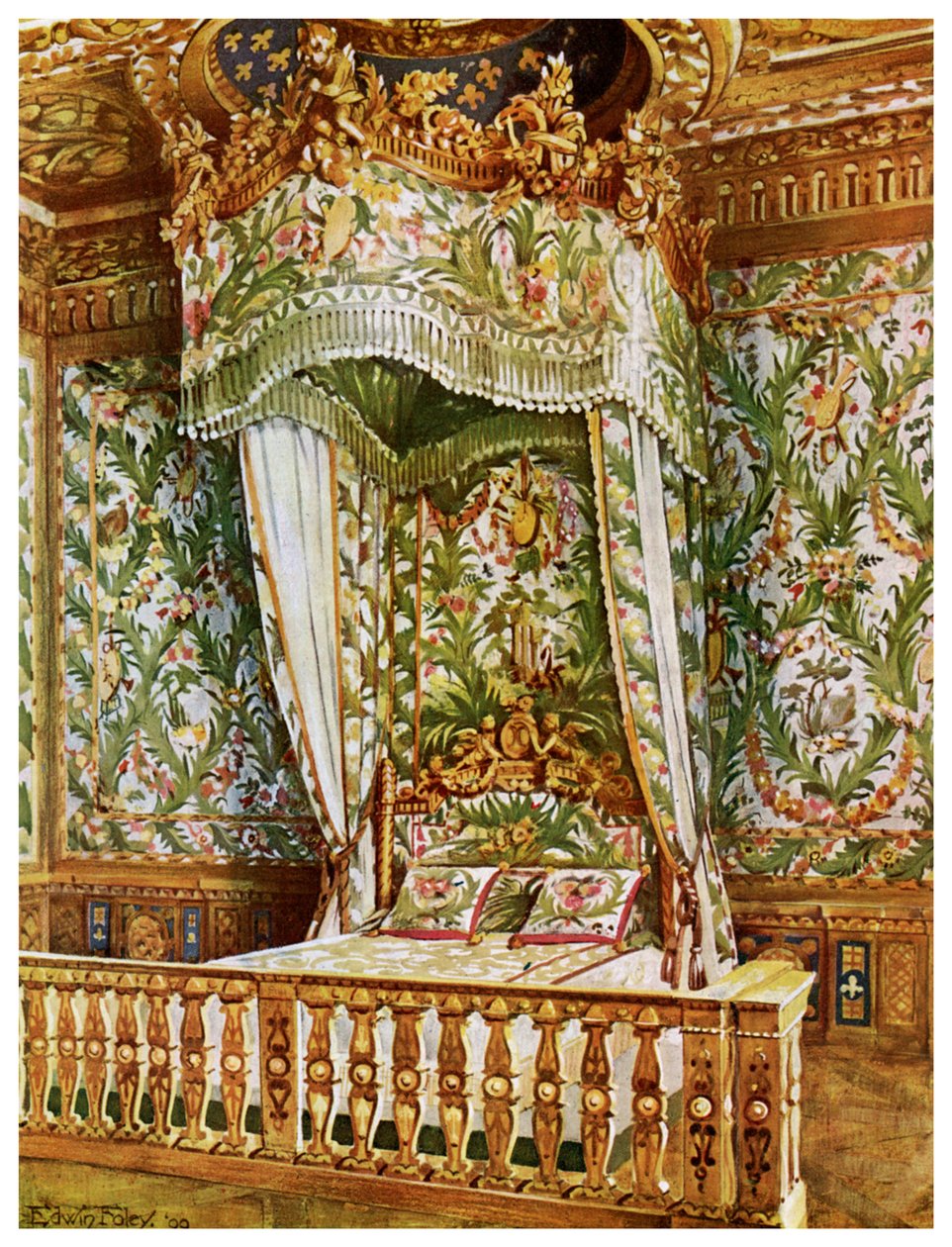 سرير دولة مذهب من ماري أنطوانيت ، غرفة نوم كوينز ، قصر فونتينبلو ، فرنسا ، 1911-1912. بواسطة إدوين فولي