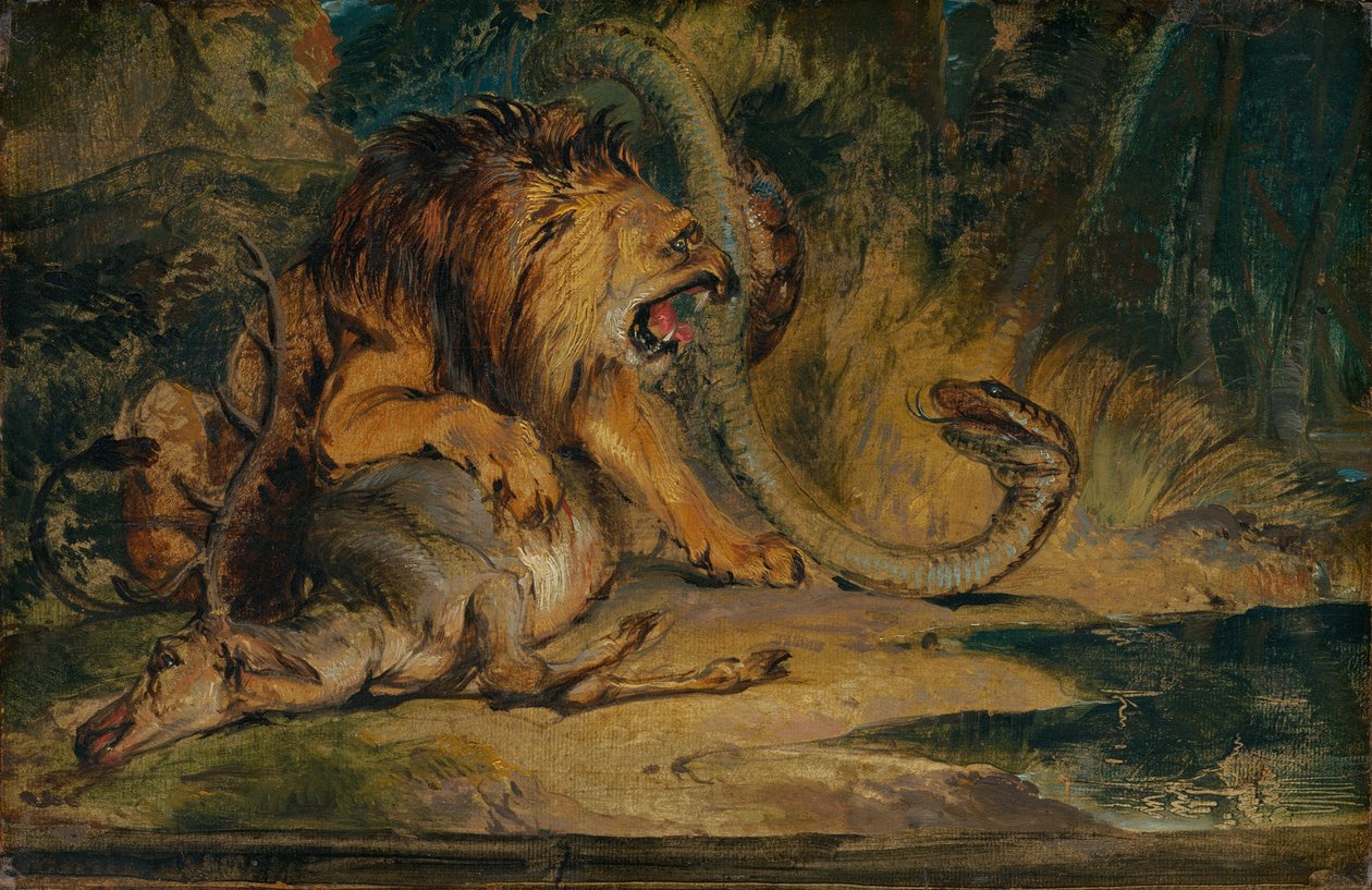 أسد يدافع عن فريسته ، ج. 1840. بواسطة إدوين هنري لاندسير