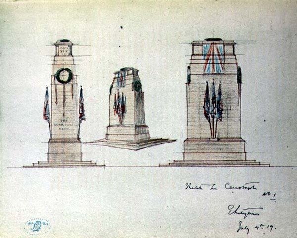 رسم تخطيطي للنصب التذكاري رقم 1 ، رسم توضيحي من حانة "البومة رقم 2". 1919 (قلم رصاص وألوان مائية على ورق) بواسطة إدوين لاندسير لوتينس