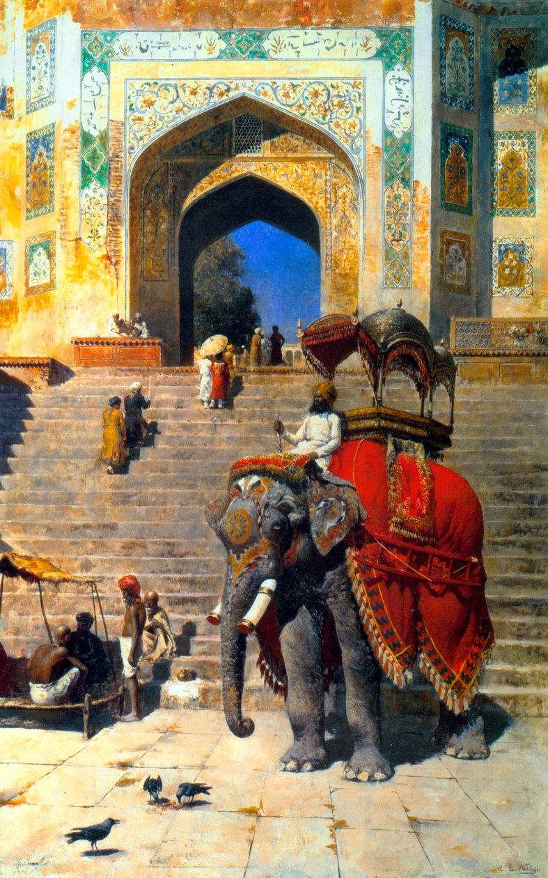 الفيل الملكي عند بوابة مسجد جامع ، ماتورا ، القرن التاسع عشر أو أوائل القرن العشرين. بواسطة إدوين لورد ويكس