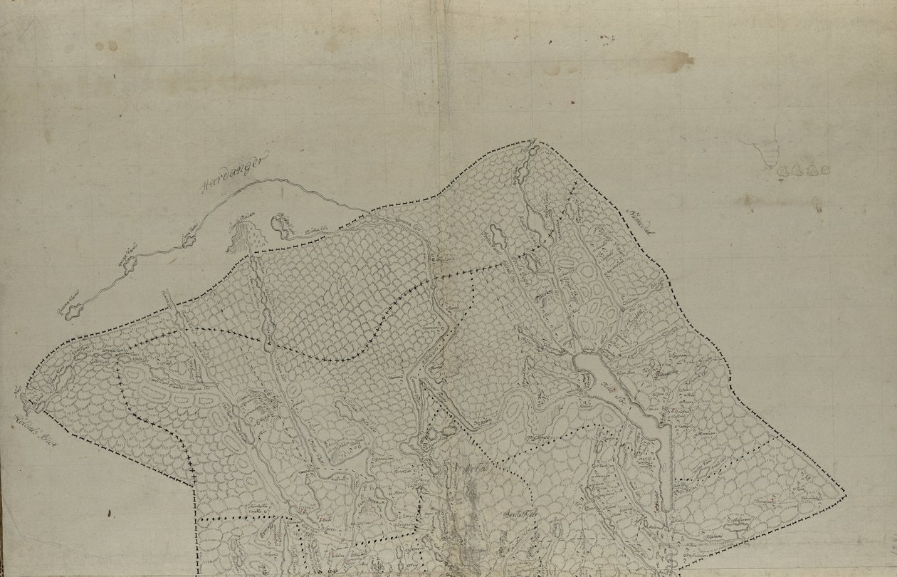 الخريطة مرسومة يدويًا (حوالي 1780) وتظهر Telemark بواسطة إينفولد ستينبلوخ