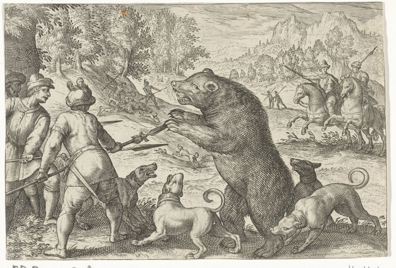 منظر طبيعي مع مطاردة الدب مشاهد الصيد (عنوان المسلسل) Icones Venantum Species Varias Representantes (عنوان السلسلة) بواسطة ايجبرت يانز.