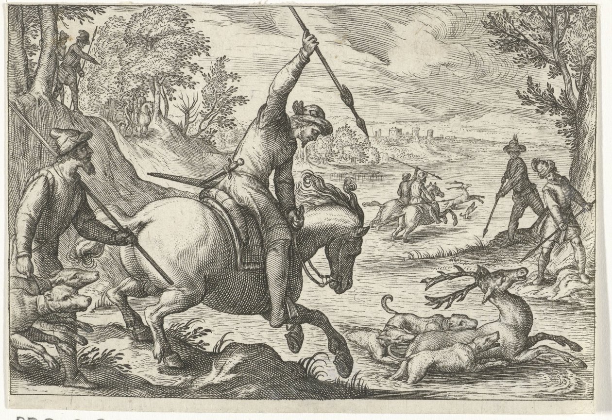 منظر طبيعي مع صيد الغزلان مشاهد الصيد (عنوان المسلسل) Icones Venantum Species Varias Representantes (عنوان السلسلة) بواسطة ايجبرت يانز.