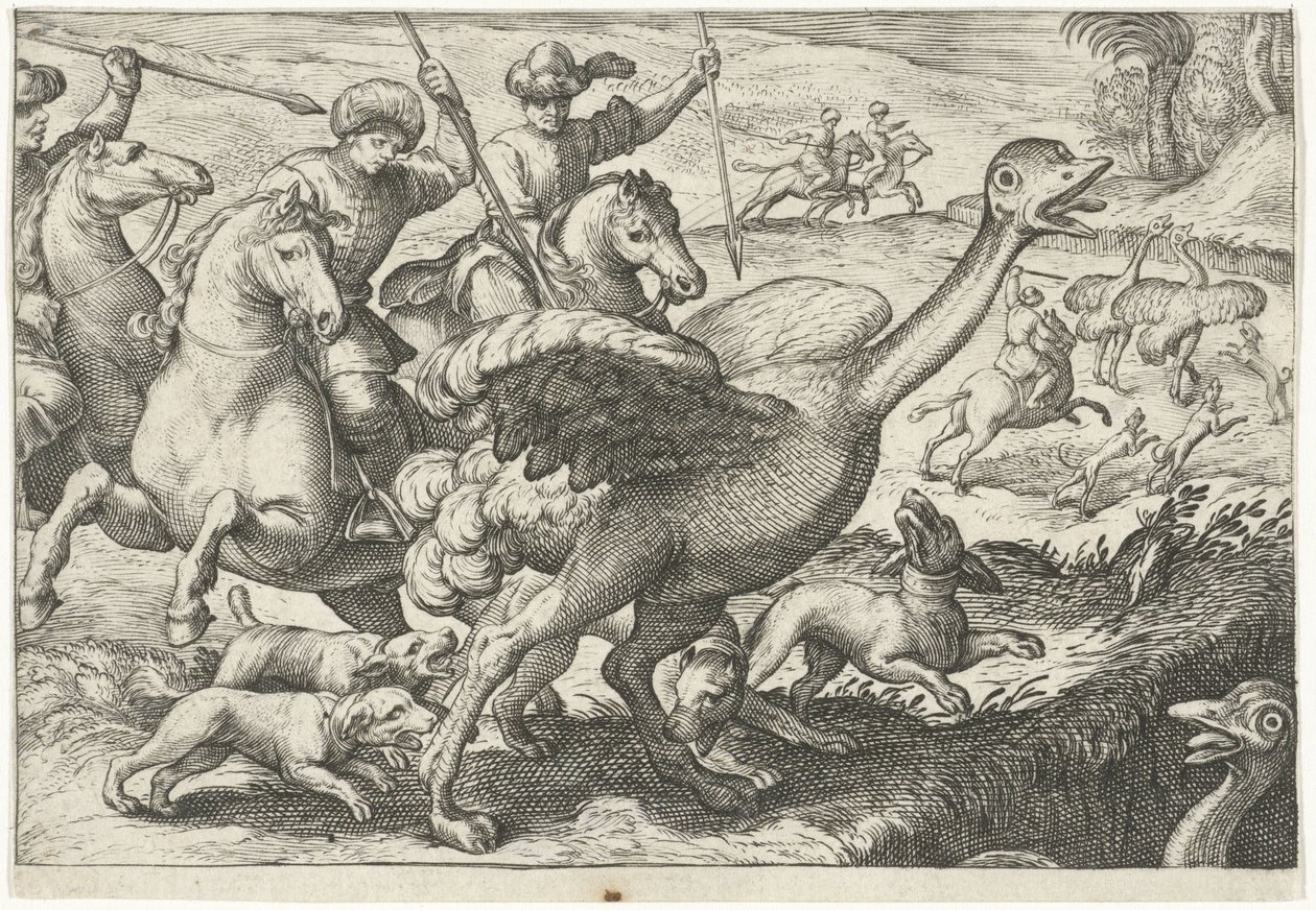 منظر طبيعي مع صيد النعام مشاهد الصيد (عنوان المسلسل) Icones Venantum Species Varias Representantes (عنوان السلسلة) بواسطة ايجبرت يانز.