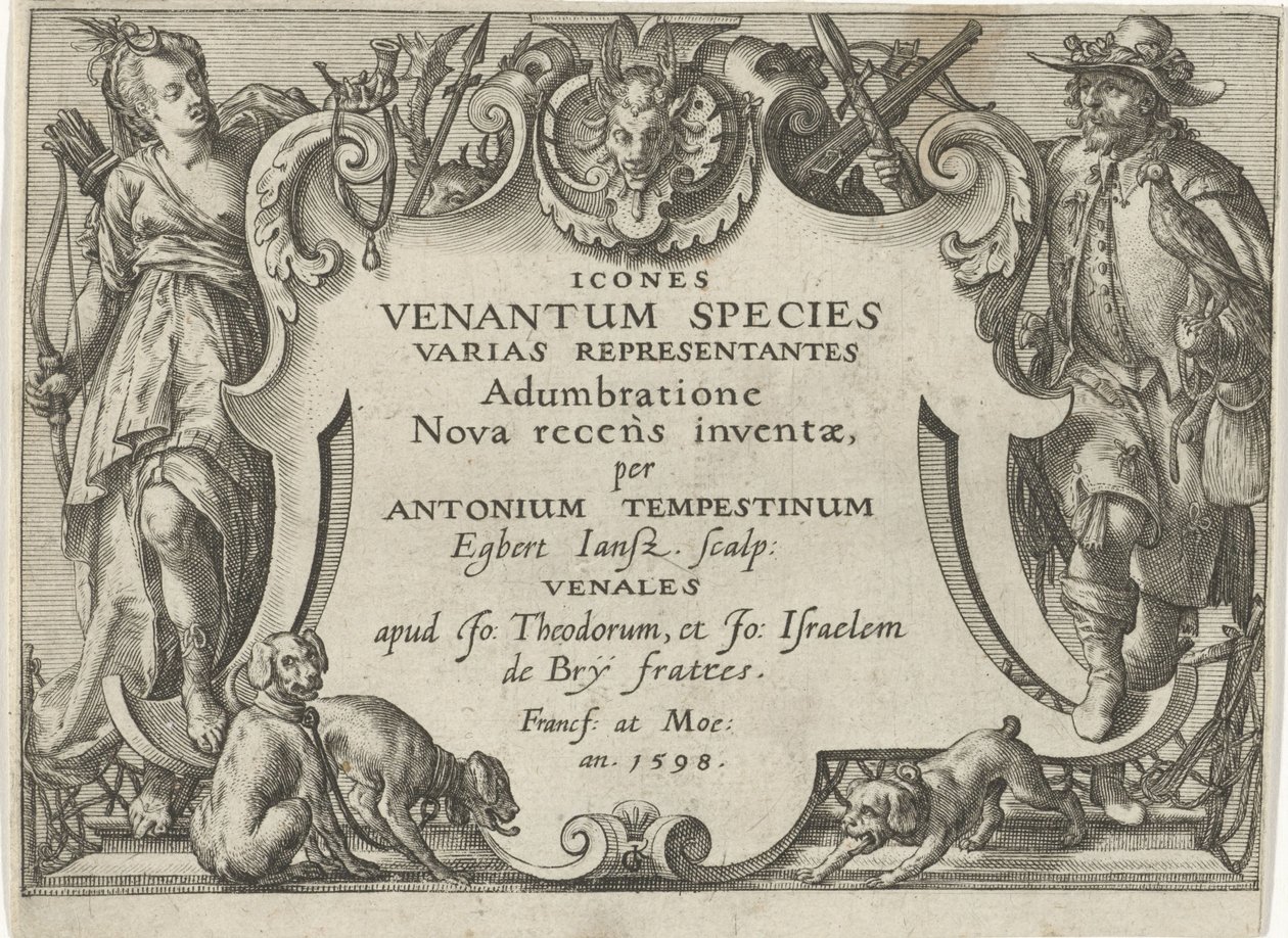 طباعة عنوان لسلسلة بها مشاهد صيد مشاهد الصيد (عنوان المسلسل) Icones Venantum Species Varias Representantes (عنوان السلسلة على الكائن) بواسطة ايجبرت يانز.