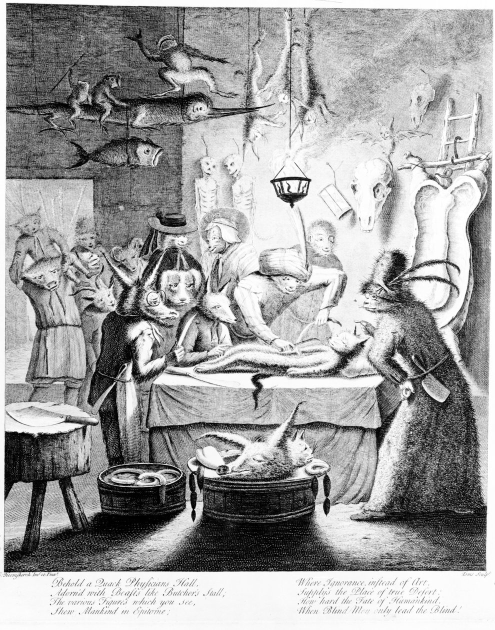 "ها هي قاعة الأطباء الدجالين ..." ، نقشها ويليام هنري تومز ، 1730 (نقش) بواسطة Egbert van the Elder Heemskerck