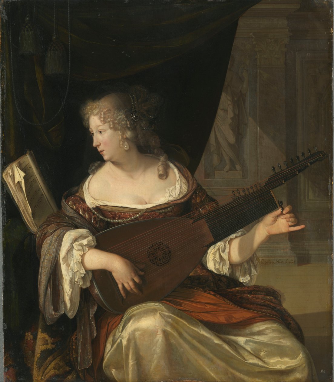 امرأة تضبط theorbo بواسطة Eglon van der Neer