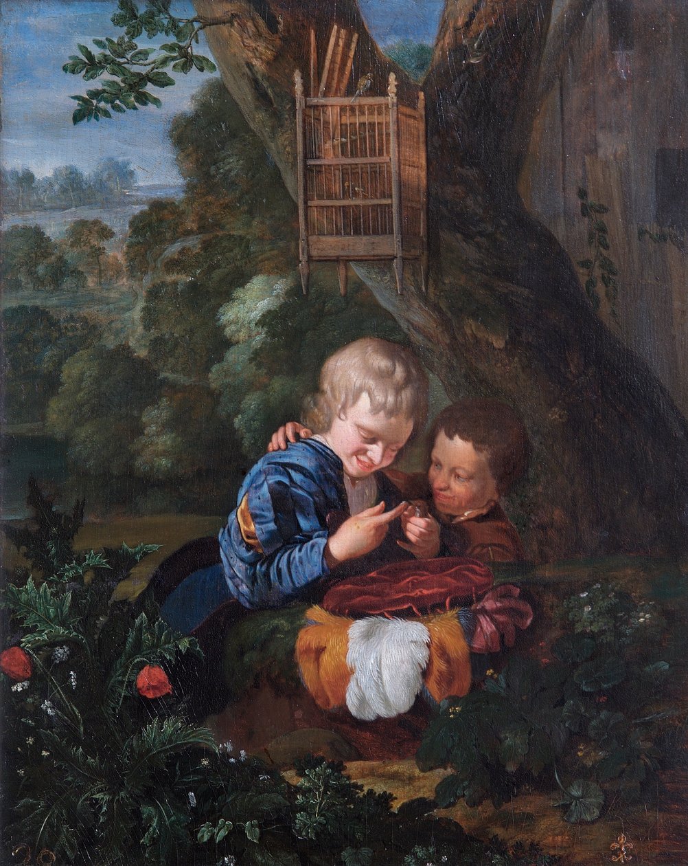 الأولاد مع الطيور المحاصرة (زيت على لوح من خشب البلوط) بواسطة Eglon Hendrick van der Neer