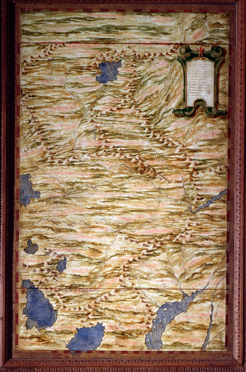 خريطة خريطة بيرو رسمها إجنازيو دانتي (1536-1586) عالم رياضيات وعالم كوزموغرافي ومهندس إيطالي. حوالي عام 1567. فلورنسا ، قصر فيكيو ، سالا ديل ماباموندو بواسطة اجنازيو دانتي