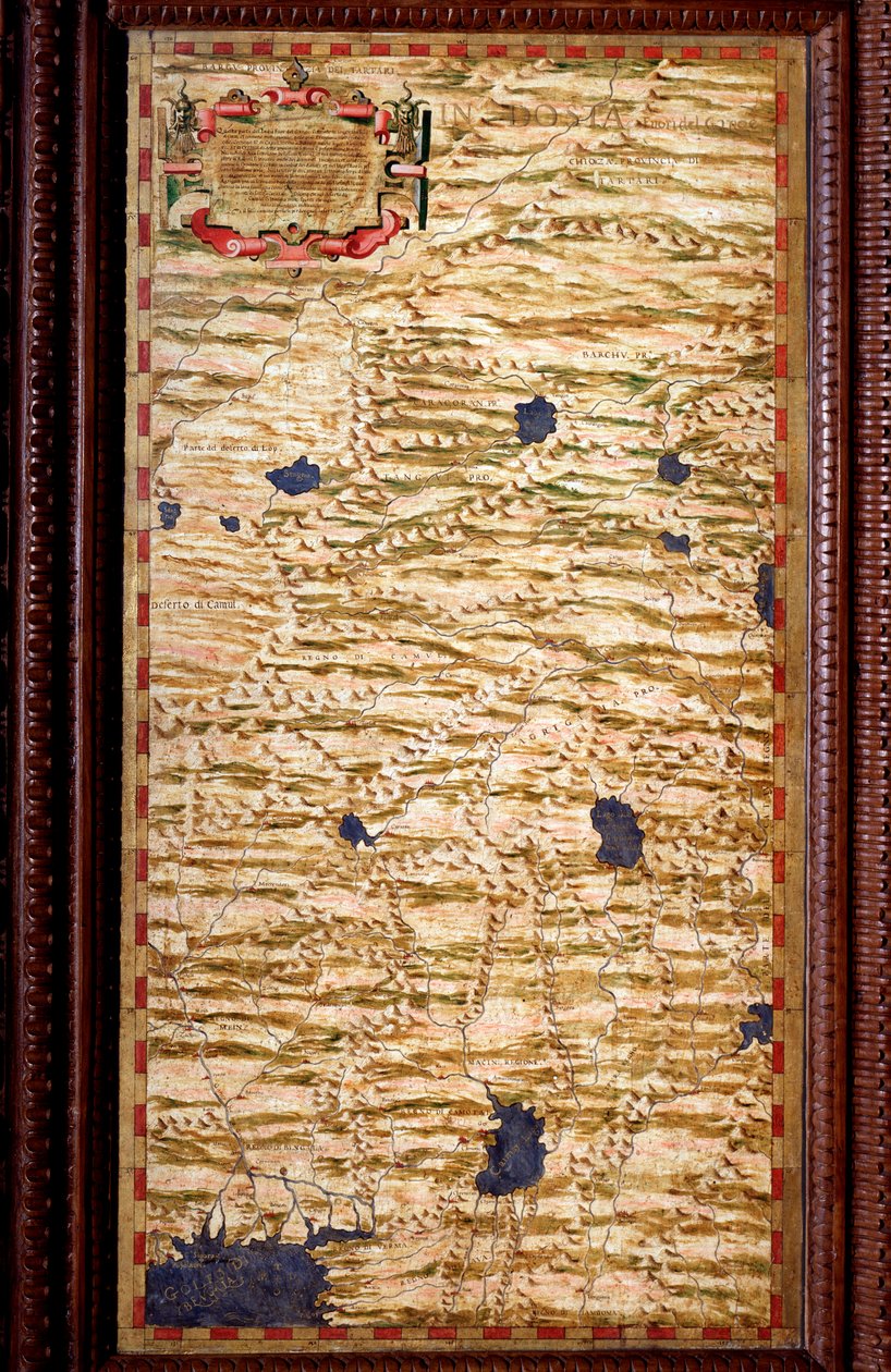 إندوستان (هندوستان) في الجزء العلوي من نهر الغانج كارت الذي أنتجه إجنازيو دانتي (1536-1586) عالم رياضيات وعالم كوزموغرافي ومهندس إيطالي. حوالي عام 1567. فلورنسا ، قصر فيكيو ، سالا ديل ماباموندو بواسطة اجنازيو دانتي