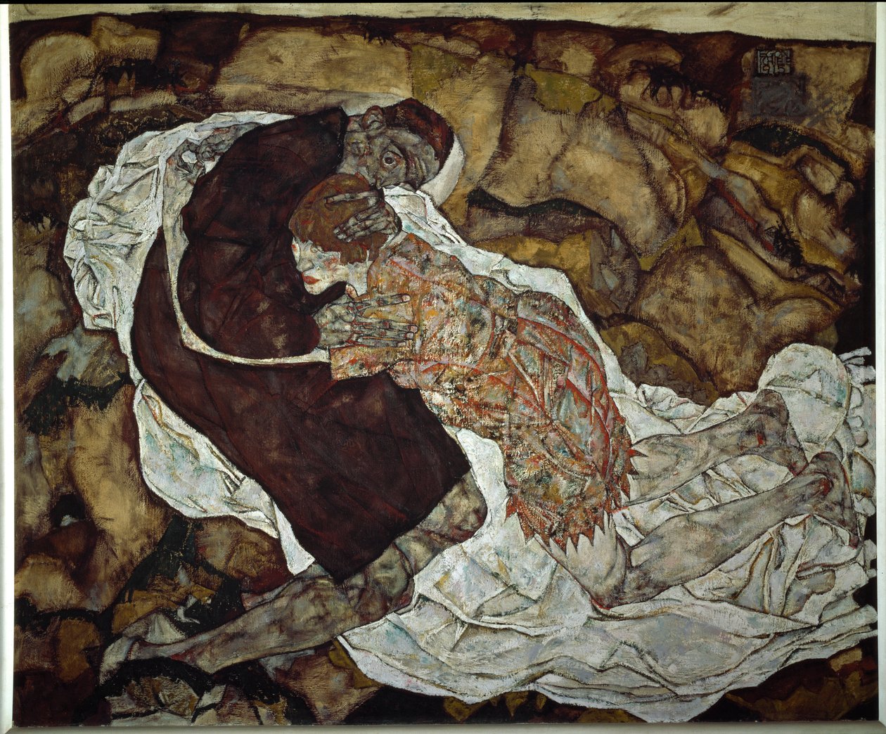 المرأة والموت. لوحة بواسطة إيغون شييل (1890-1918) ، 1915. زيت على قماش. خافت: 150،5x180 سم. فيينا ، Oesterreichische Galerie im Belvedere بواسطة ايغون شييل