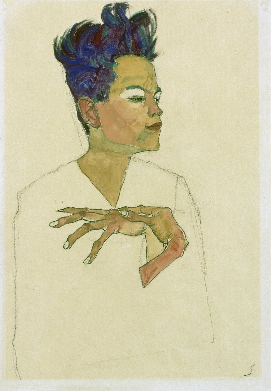 صورة شخصية مع اليدين على صدره. (صورة شخصية مع اليدين على الصدر). عمل إيغون شييل (1890-1918) ، ألوان مائية وطباشير على ورق بواسطة ايغون شييل
