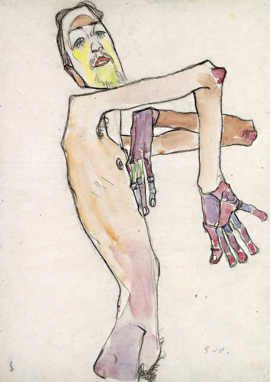 إروين دومينيك أوسين (1891–1970) في دور عاري بأذرع متقاطعة par Schiele ، Egon (1890-1918). طباشير أسود ، ألوان مائية على ورق ، مقاس: 44.7 × 31.5 بواسطة ايغون شييل