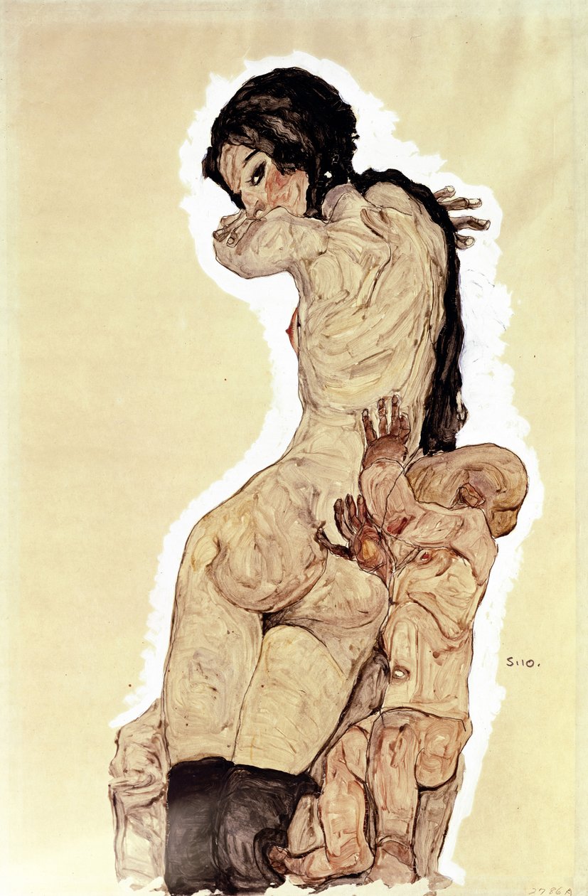أم وطفل. (أم وطفل). عمل إيغون شييل (1890-1918) ، ألوان مائية وغواش على ورق بواسطة ايغون شييل