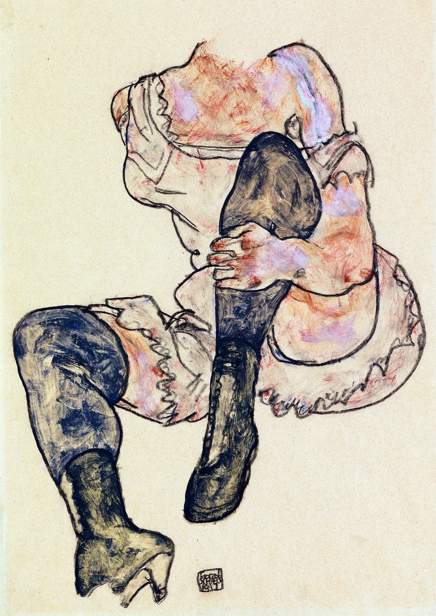 امرأة جالسة بساق يسرى منحنية (الجذع) par Schiele ، Egon (1890-1918) ، ج. 1917 - الغواش والباستيل على ورق ، 43.2 × 29.9 - مجموعة خاصة بواسطة ايغون شييل