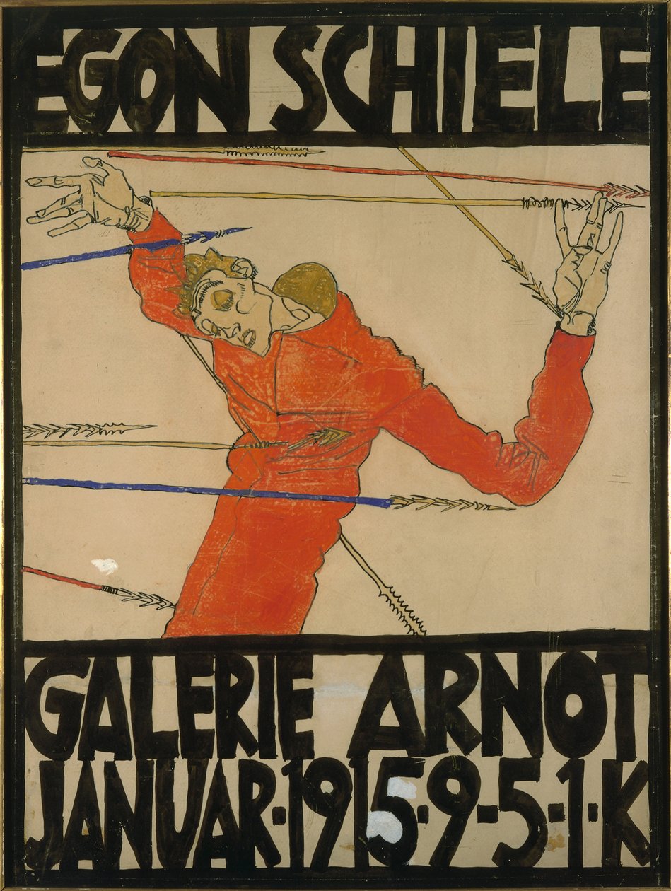 صورة ذاتية للقديس سيباستيان ، تصميم ملصق لمعرض am في Galerie Arnot ، 1914 (الغواش والتلوين الأسود والحبر على الورق المقوى) بواسطة ايغون شييل