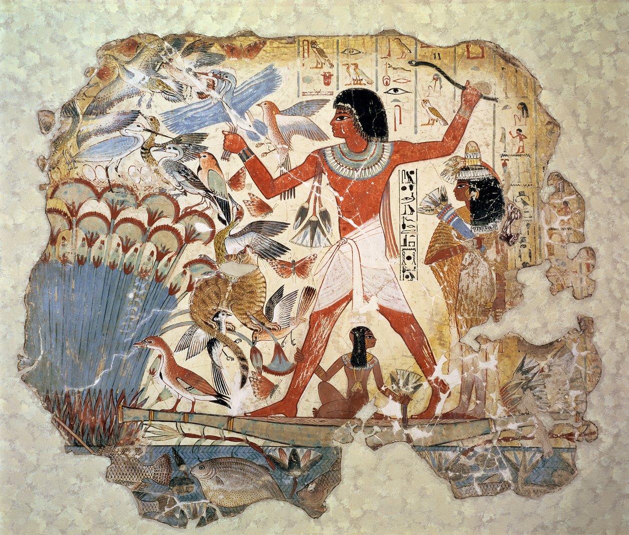 Nebamun يصطاد في الأهوار مع زوجته وابنته ، جزء من لوحة جدارية من كنيسة مقبرة Nebamun ، طيبة ، المملكة الحديثة ، c.1350 قبل الميلاد (الجص المطلي) بواسطة الأسرة الثامنة عشر المصرية