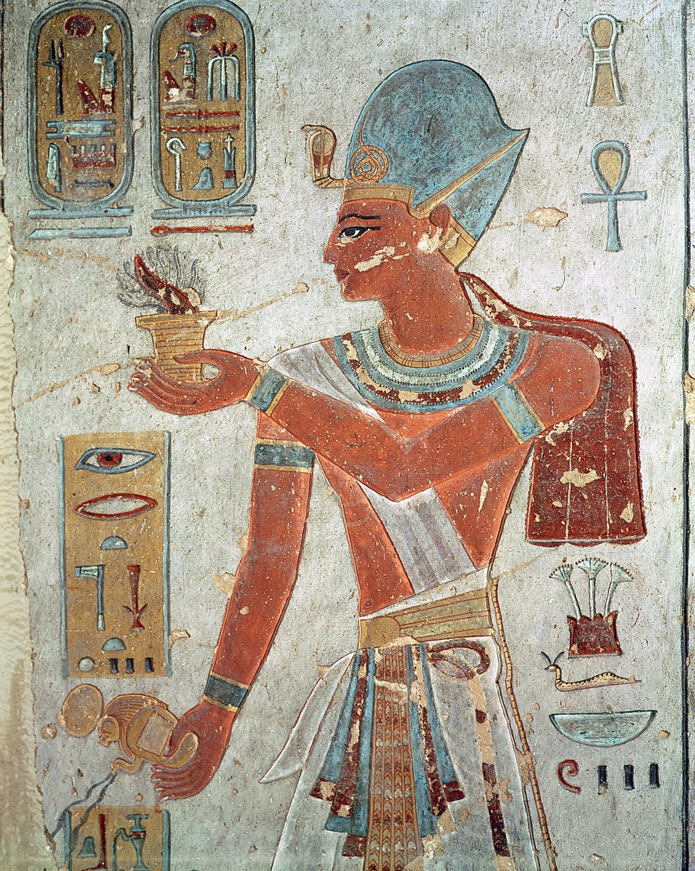 رمسيس الثالث (c.1184-1153 قبل الميلاد) في لباس المعركة ، من مقبرة رمسيس الثالث ، المملكة الحديثة (رسم جداري) بواسطة الأسرة المصرية التاسعة عشرة