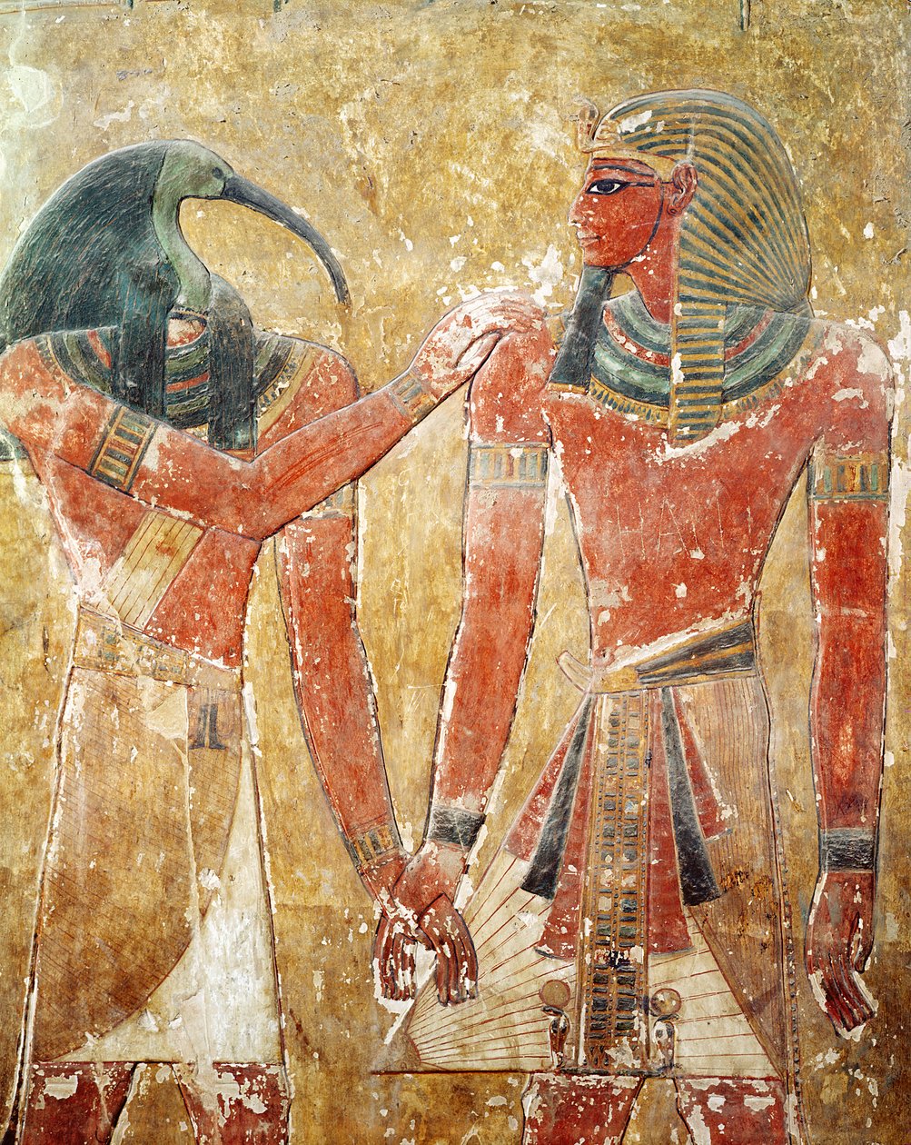 الإله تحوت مع سيتي الأول (1394-1279 قبل الميلاد) في قبر سيتي الأول ، المملكة الحديثة (حجر مطلي) بواسطة الأسرة المصرية التاسعة عشرة