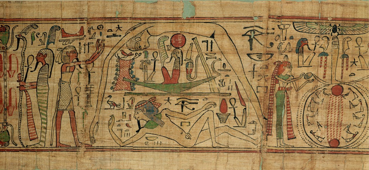 تفاصيل من ورق البردي في Nespakashuty تظهر الإله جيب (الأرض) المنفصلة عن زوجته ، الإلهة البندق (السماء) الفترة المتوسطة الثالثة (البردي) بواسطة الأسرة 21 المصرية