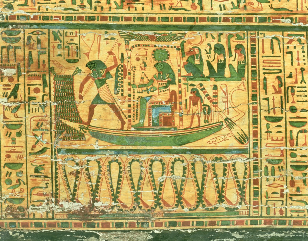 رحلة إله الشمس إعادة ، التفاصيل من التابوت الداخلي ل Nespawershefyt ، مصري ، الفترة المتوسطة الثالثة ، 990-969 قبل الميلاد (خشب ملصق ومطلي) (انظر أيضًا 76535) بواسطة الأسرة 21 المصرية