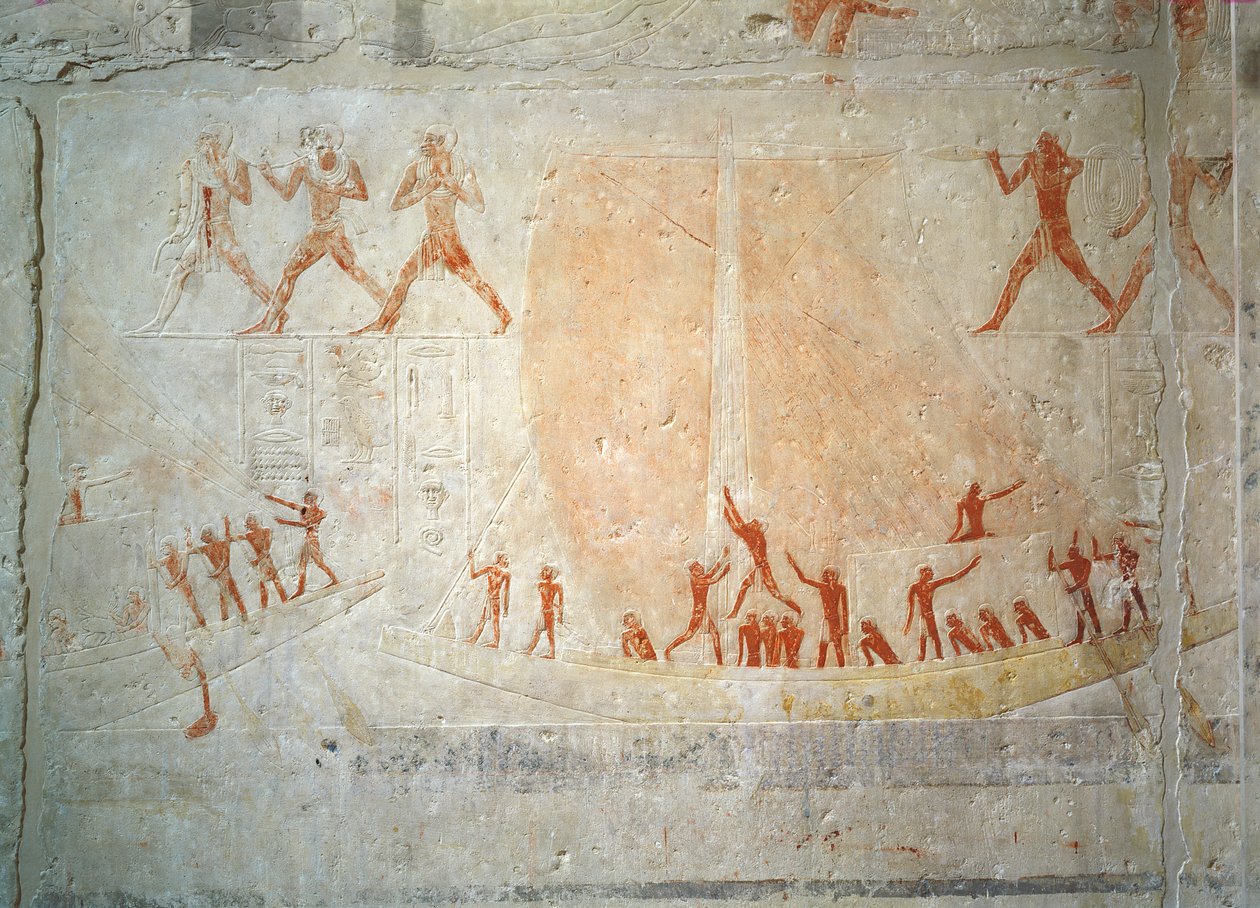 نقش من مصطبة أخطيتب التي تصور القوارب ، من سقارة ، المملكة القديمة (الحجر الجيري المطلي) بواسطة الأسرة الخامسة المصرية