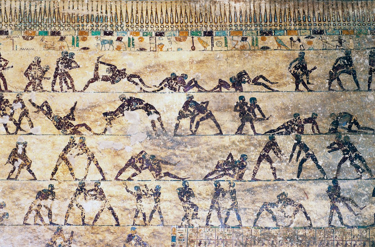 مشاهد القتال ، الرسم على الحائط ، مقبرة كيثي ، مقبرة بني حسن ، مصر ، الحضارة المصرية ، المملكة الوسطى ، الأسرة الثانية عشرة بواسطة الأسرة الثانية عشرة المصرية