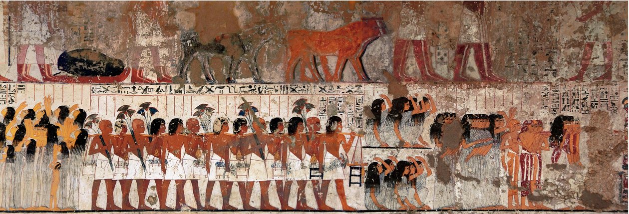 الأنتيكيت المصري: مشهد جنائزي مع البكاء. قبر راموز (1411-1375 قبل الميلاد) ، حاكم طيبة ووزير ، بداية عهد أمينوفيس الرابع. مقبرة القرنة (الشيخ عبد القرنة) ، مصر - مصر القديمة: المعزين في موكب الجنازة. توم بواسطة الأسرة الثامنة عشر المصرية
